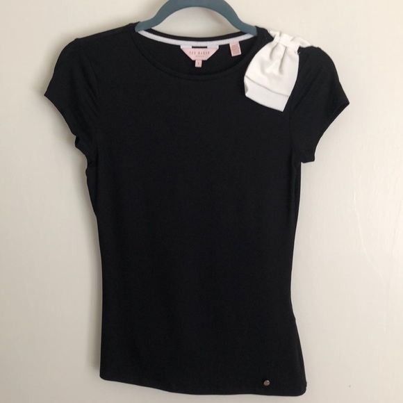 SALE! Ted Baker London. Black Baby Tee w/White Bow - Picture 1 of 6
